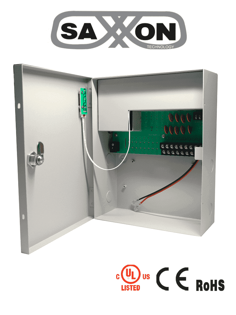 SAXXON PSU1210D9B - Fuente de Poder de 12 vcd/ 10 Amperes/ Para 9 Camaras/ Compatible con Bateria de Respaldo/ 1.1 Amper por Canal/ Protección contra Sobrecargas/ Certificación UL/ SAXXON PSU1210D9B - Fuente de Poder de 12 vcd/ 10 Amperes/ Para 9 Camaras/ Compatible con Bateria de Respaldo/ 1.1 Amper por Canal/ Protección contra Sobrecargas/ Certificación UL/
